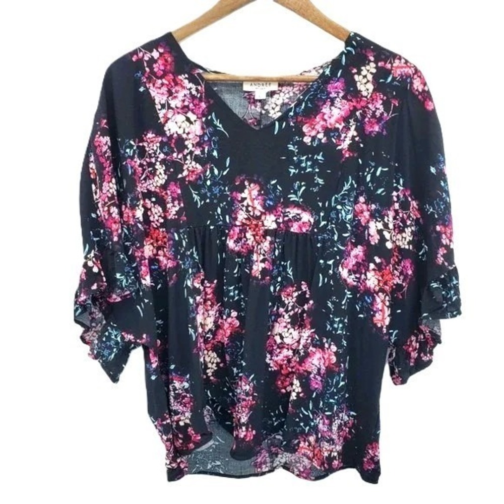 Andree By Unit Womens L Black Floral Boho Babydoll Ruffle Sleeve Flowy Tunic Top